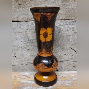 Vintage Hand Carved Wooden Vase Flowers Leaves Boho Natural Earthy Decor